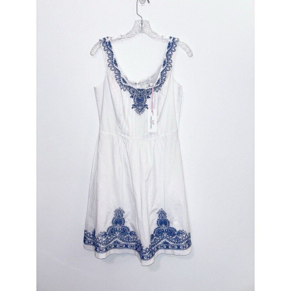 New Vineyard Vines White And Blue Embroidered Cotton Dress Size 4